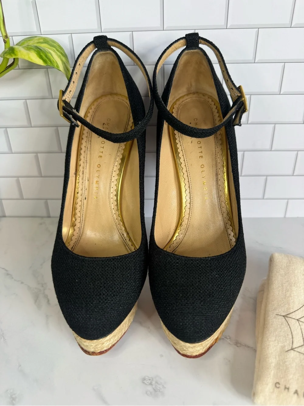Charlotte Olympia Black Ankle-Strap Platforms Heels Pumps. Linen. Size 37.5